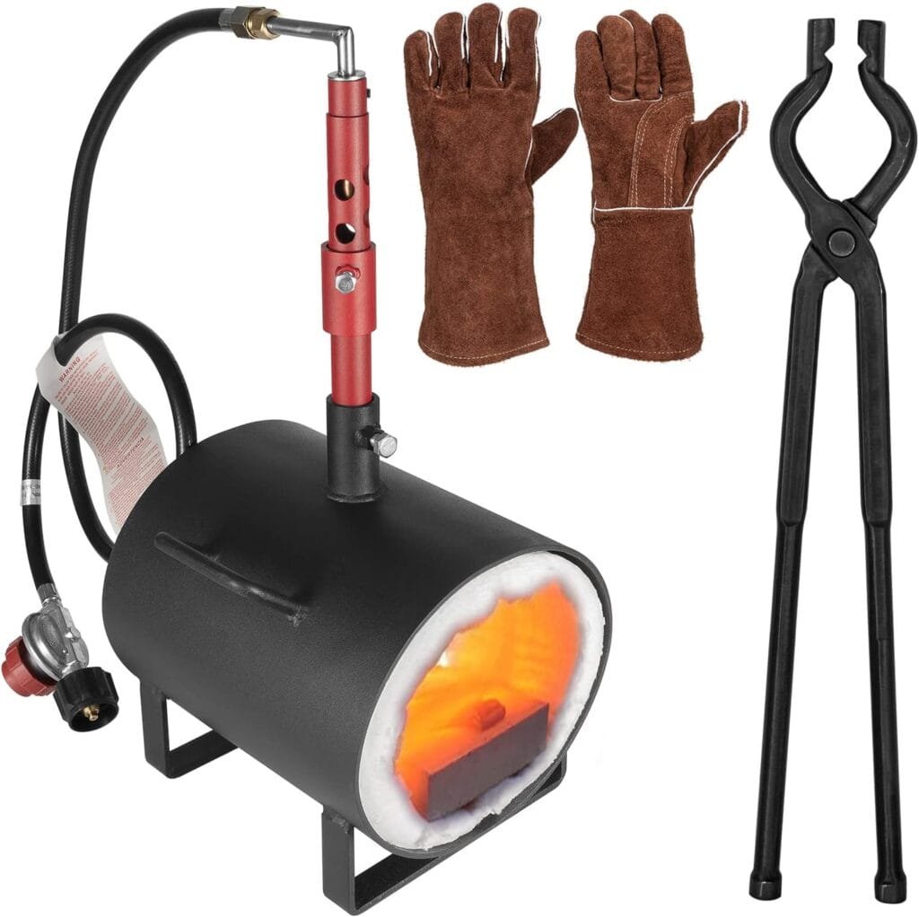 Propane Gas Forge Single Burner, Blacksmithing Forge Portable for Knife  Tool Making, Farrier Forging Blacksmith Tools Equipment Large Capacity Oval Forge with 16.85‘’ V-Bit Tongs  Welding Gloves