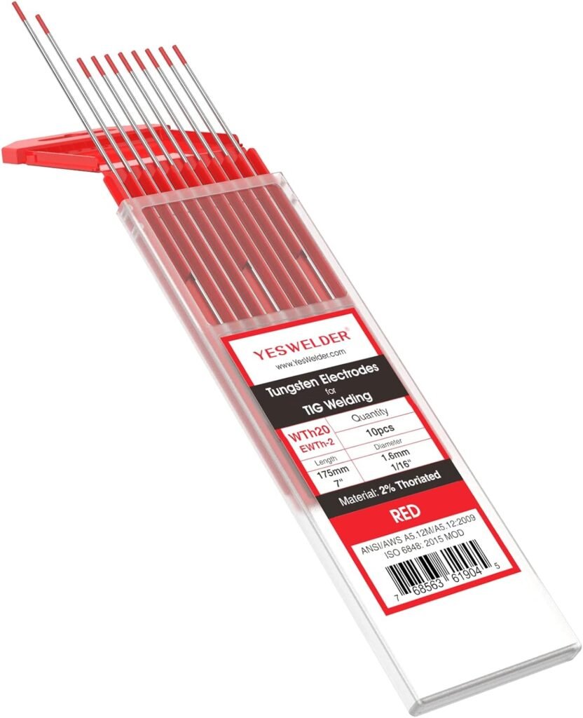 YESWELDER TIG Welding Tungsten Electrode 2% Thoriated 1/16 x 7 (Red, WT20/EWTh-2) 10-pk